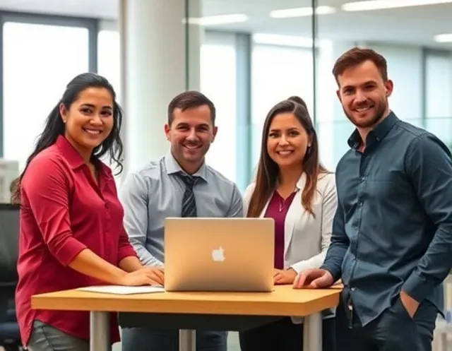 Colleagues gathered around a laptop