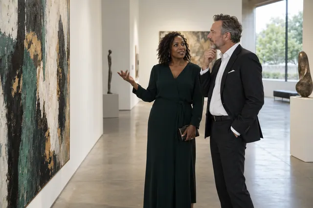 A couple discussing artwork in a gallery