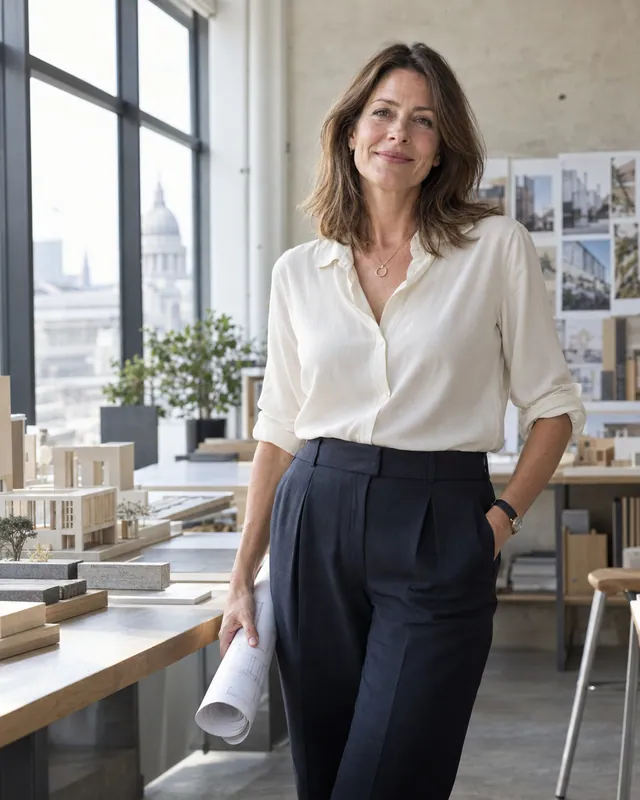 A professional woman standing by an office window